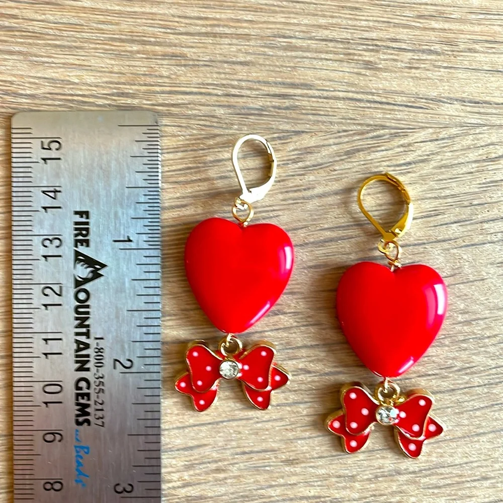 HAND CRAFTED WHIMSICAL RED VALENTINE HEARTS PIERCED EARRINGS Red Gold